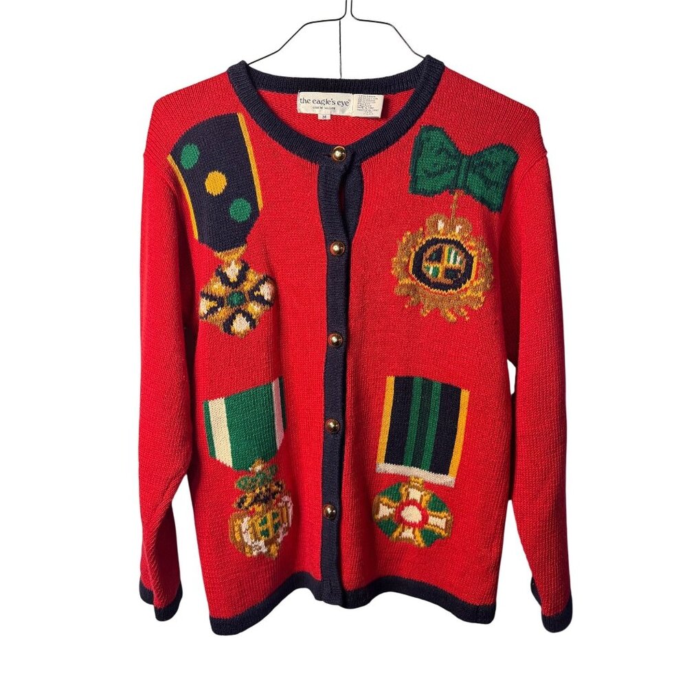 VTG‎ The Eagles Eye 90s Cardigan Sweater Womens Medium Medals Crest Gold Buttons